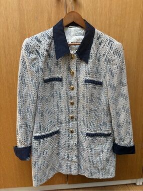Escada Cream Tweed Jacket with Navy Trim and Gold Buttons
